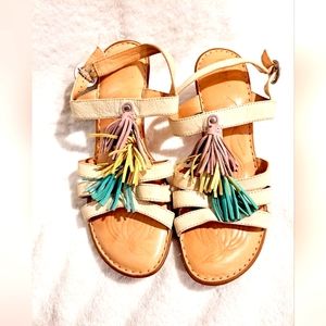 Born Cream Leather With Pastel Tassels Sandals. Womens-Size 9